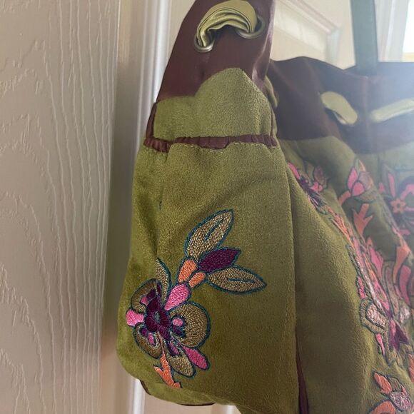 Ipa-Nima fabric green& Brown Floral embroidery medium shoulder bag bohemian look - Picture 6 of 16